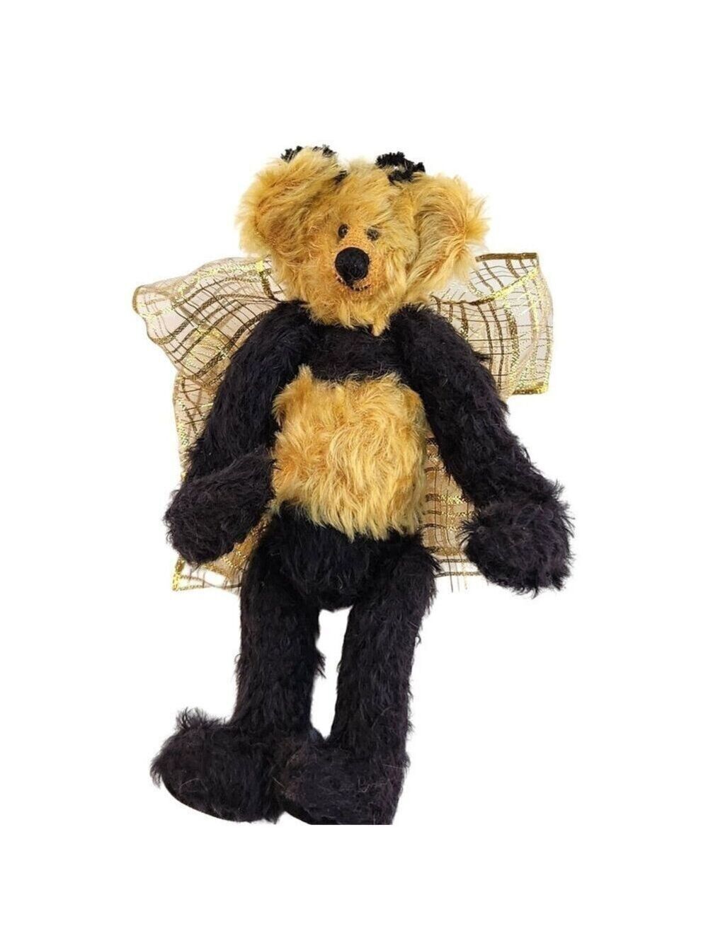 Vintage Handmade Bumblebee Teddy Bear Weighted Plush Golden Ribbon Bow